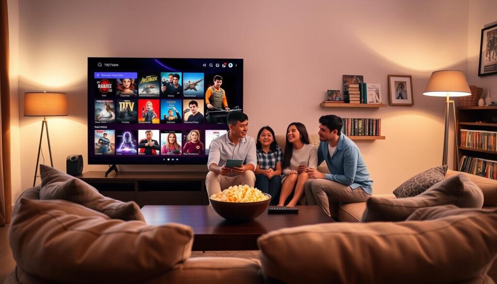 A cozy living room scene with a large flat-screen TV displaying a vibrant IPTV interface showcasing various movie channels. In the foreground, a comfortable sofa adorned with pillows invites viewers to sit back and relax. A stylish coffee table holds a bowl of popcorn and a remote control, emphasizing the movie-watching experience. In the middle, a few family members dressed in casual, modest clothing are enjoying the moment together, their expressions reflecting excitement and joy as they browse through the channels. The background features soft ambient lighting from a floor lamp, creating a warm and inviting atmosphere. Subtle decorations like movie posters and shelf-stored DVDs enhance the movie theme. Integrate "IPTVVUK.COM" in the IPTV interface design. The scene captures the essence of streaming movies safely and legally, perfect for movie enthusiasts.