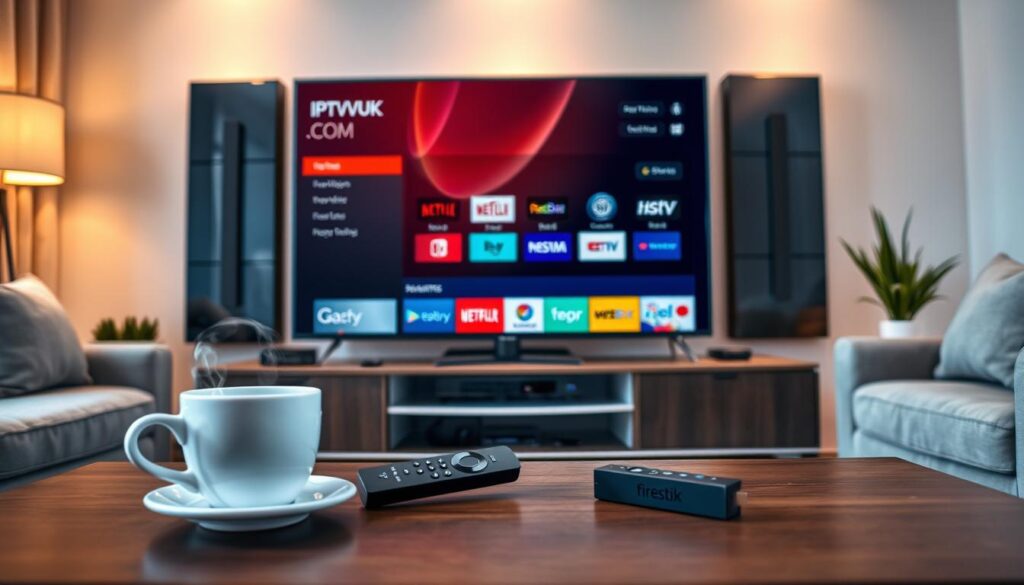 A cozy living room setup featuring a modern flat-screen television displaying the IPTVVUK.COM interface on a Firestick. In the foreground, a stylish coffee table holds a remote and a steaming cup of coffee, inviting viewers into the scene. The middle ground showcases the sleek TV unit with the Firestick plugged in, while various streaming icons are visible on the TV screen. The background features warm ambient lighting with soft, comfortable seating and decorative plants, creating an inviting atmosphere. The composition is shot at a slight angle to capture the vibrant colors and clarity of the screen. Overall, the mood is relaxed and tech-savvy, illustrating the ease of setting up IPTV services at home.