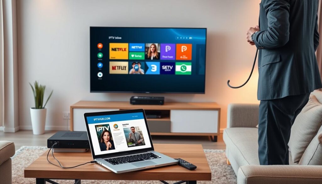 A detailed "IPTV setup guide" illustration, showcasing a modern living room with a sleek TV displaying vibrant IPTV menu options. In the foreground, a professional individual in business attire is connecting various cables to a set-top box, demonstrating the setup process. In the middle ground, a stylish coffee table holds a laptop open to an IPTV service guide, and a remote control lies nearby. The background features a cozy sofa and soft ambient lighting, creating a warm and inviting atmosphere. The lens perspective is slightly angled from above, providing a clear view of the setup steps. The entire scene reflects a sense of professionalism and organization, with the brand name "IPTVVUK.COM" subtly integrated into the IPTV interface on the TV screen.