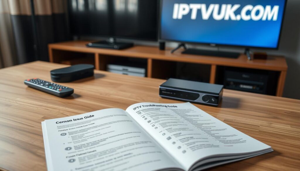 A detailed IPTV troubleshooting guide laid out on a sleek wooden desk, with various electronic devices like a remote control, a modern IPTV box, and a flat-screen TV in the background. In the foreground, a well-organized guide booklet, open to a page illustrating common issues like buffering and connectivity problems. The lighting is bright and focused, highlighting the guide, with a soft, welcoming ambiance. On the wall behind, a wall-mounted TV displays the IPTVVUK.COM logo, symbolizing professionalism and service. The angle captures the entire setting in a slightly overhead shot, creating an informative yet inviting atmosphere, ideal for readers seeking solutions to IPTV issues.