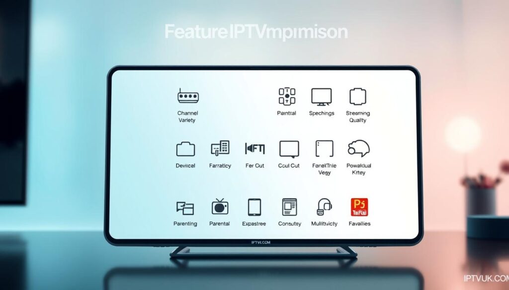 A detailed and informative illustration of IPTV features comparison, showcasing a smooth user interface on a modern Android device in the foreground, highlighting key features like channel variety, user-friendliness, and streaming quality. In the middle ground, display icons representing important attributes such as search functionality, parental controls, and multi-device compatibility, organized in an engaging layout. The background should feature a subtle gradient that suggests a tech-savvy environment, incorporating soft ambient lighting to evoke an inviting and professional atmosphere. The image should appear sharp and clean, as if viewed through a wide-angle lens, ensuring all details are clearly visible. Incorporate the brand name "IPTVVUK.COM" as part of the design without any text overlays or annotations. A detailed and informative illustration of IPTV features comparison, showcasing a smooth user interface on a modern Android device in the foreground, highlighting key features like channel variety, user-friendliness, and streaming quality. In the middle ground, display icons representing important attributes such as search functionality, parental controls, and multi-device compatibility, organized in an engaging layout. The background should feature a subtle gradient that suggests a tech-savvy environment, incorporating soft ambient lighting to evoke an inviting and professional atmosphere. The image should appear sharp and clean, as if viewed through a wide-angle lens, ensuring all details are clearly visible. Incorporate the brand name "IPTVVUK.COM" as part of the design without any text overlays or annotations.