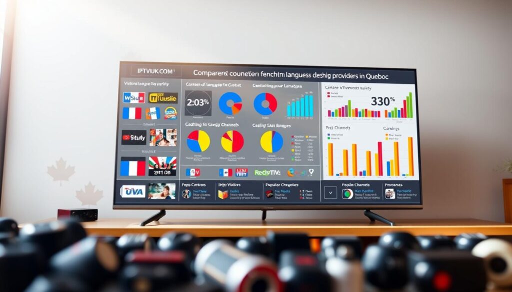 A detailed and informative infographic showcasing the comparison of French-language content across various IPTV providers in Quebec. In the foreground, include icons or representative logos of several IPTV services like IPTVVUK.COM, arranged neatly for clarity. The middle layer features colorful pie charts and bar graphs illustrating content variety, viewership statistics, and popular channels, visually organized for easy comparison. The background is a soft gradient representing the cultural richness of Quebec, perhaps with subtle motifs like maple leaves or the Quebec flag. The lighting is bright and inviting, emphasizing a sense of professionalism and clarity, with a slight focus effect on the foreground elements to draw attention to the content comparison. The overall mood is informative and engaging, suitable for readers seeking insights into IPTV choices.