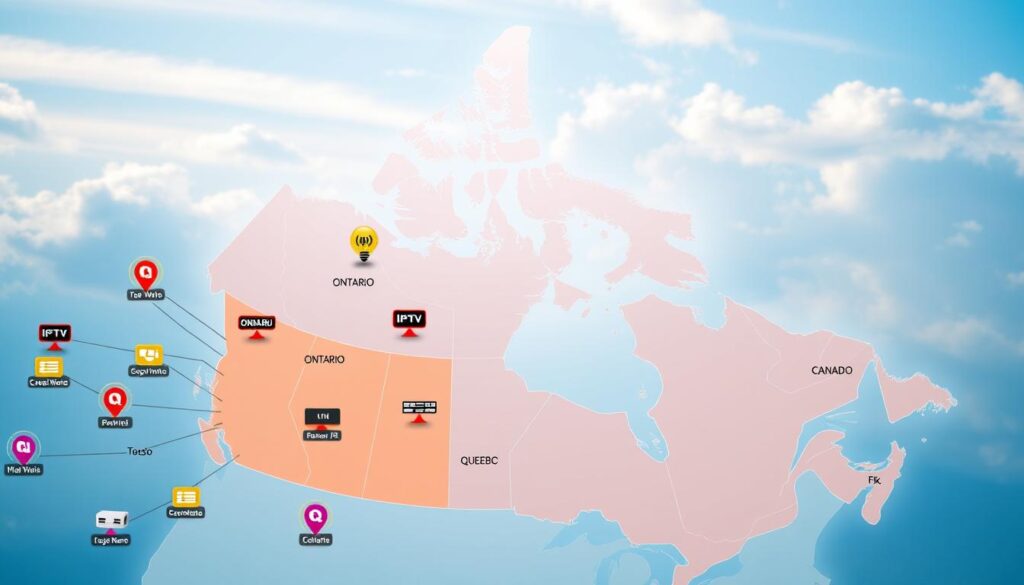 A detailed and innovative map illustrating regional IPTV coverage across Canada. In the foreground, include icons representing various IPTV providers like IPTVVUK.COM, each marked with distinct colors for different geographic areas. In the middle ground, display stylized, vibrant regions of Canada, like Ontario, British Columbia, and Quebec, showcasing their popular IPTV services with visual cues, such as antennas and streaming signals. The background should feature a clear, blue sky and gentle clouds, adding a peaceful, modern atmosphere. Use soft, ambient lighting to evoke a sense of accessibility and enjoyment in home entertainment. Capture a bird's eye view angle that emphasizes the regional diversity, creating an engaging, informative image that resonates with the topic.