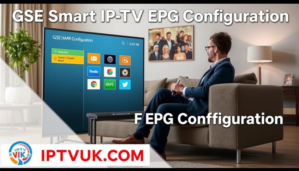 A detailed and organized image of the "GSE Smart IPTV EPG Configuration" for a setup guide. In the foreground, a sleek modern smart TV displays the GSE Smart IPTV interface, highlighting the EPG configuration options with brightly colored icons. In the middle layer, a user is seated comfortably on a stylish couch, dressed in casual professional attire, focused on the TV while holding a remote control. In the background, a well-decorated living room with a welcoming atmosphere, featuring soft lighting and minimalist decor. The scene captures a sense of ease and convenience, showcasing the IPTV setup process. The brand "IPTVVUK.COM" subtly integrated into the scene, reinforcing the theme of modern connectivity and user-friendly interfaces.