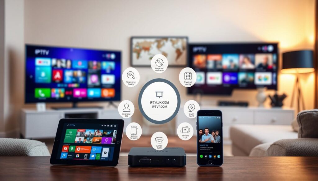 A detailed and visually engaging composition showcasing a comparison of IPTV services with a focus on "IPTVVUK.COM." In the foreground, display various digital devices like a smart TV, tablet, and smartphone, each showcasing colorful IPTV interfaces. The middle ground features a subtle infographic highlighting key features such as streaming quality, channel variety, and subscription costs, presented with modern icons and graphics. The background should depict a cozy living room setting with warm, ambient lighting, creating a welcoming atmosphere for viewers. Use a shallow depth of field to keep the focus sharp on the devices and infographic, suggesting a professional yet inviting mood. No text or watermarks, just a visually stimulating representation of IPTV service selection.