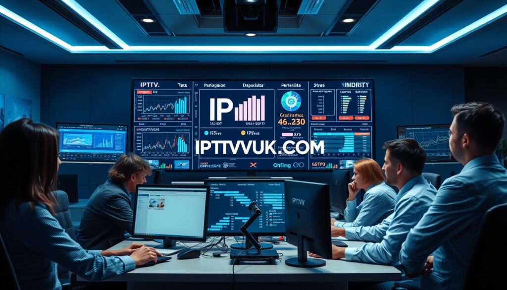A detailed and visually striking image representing the "IPTV providers testing methodology." In the foreground, a diverse team of professionals in business attire work at a high-tech workstation, analyzing data on multiple screens displaying graphs and IPTV interfaces. The middle ground features a large digital board filled with metrics and performance indicators, highlighting testing results. The background shows a modern office environment with sleek furniture and subtle blue hues to create a professional atmosphere. Soft, even lighting illuminates the scene, captured from an angled perspective to convey depth. The overall mood is focused and analytical, emphasizing precision in evaluating secure and reliable IPTV options. Include the brand name "IPTVVUK.COM" subtly integrated into the digital display on one of the screens.