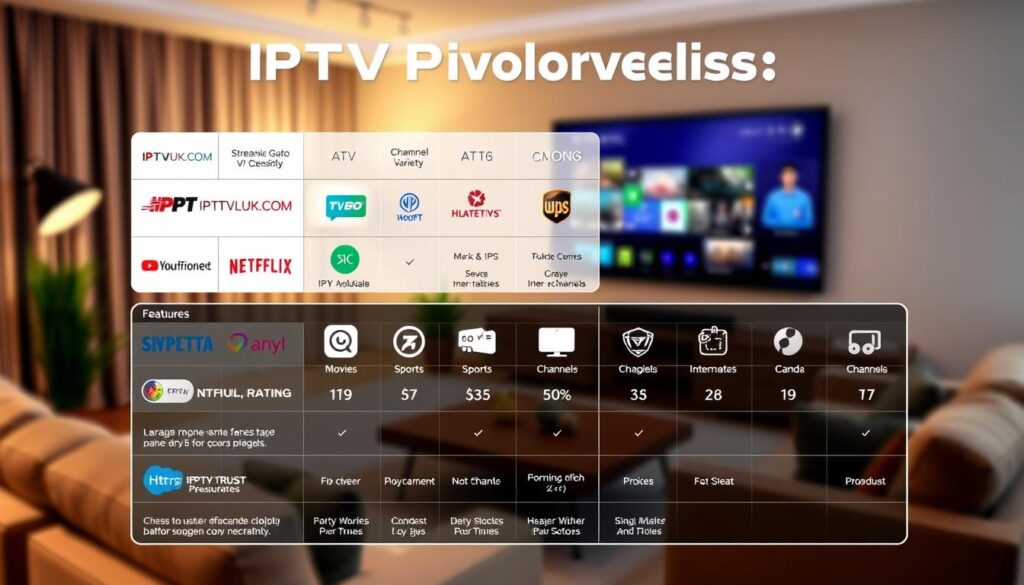 A detailed comparison of IPTV providers in Canada, showcasing a modern and sleek infographic style. In the foreground, a stylized chart displays various IPTV provider logos, including "IPTVVUK.COM", alongside key features such as channel variety, pricing, and customer ratings. The middle layer features icons representing diverse entertainment options like movies, sports, and international channels. The background features a soft-focus living room setting with a comfortable couch and a large TV displaying streaming content, creating a cozy and inviting atmosphere. Use soft, warm lighting to enhance the welcoming mood, captured from a slight overhead angle to provide a comprehensive view of the comparison elements without clutter. Make sure the image is professional and suitable for a business context. A detailed comparison of IPTV providers in Canada, showcasing a modern and sleek infographic style. In the foreground, a stylized chart displays various IPTV provider logos, including "IPTVVUK.COM", alongside key features such as channel variety, pricing, and customer ratings. The middle layer features icons representing diverse entertainment options like movies, sports, and international channels. The background features a soft-focus living room setting with a comfortable couch and a large TV displaying streaming content, creating a cozy and inviting atmosphere. Use soft, warm lighting to enhance the welcoming mood, captured from a slight overhead angle to provide a comprehensive view of the comparison elements without clutter. Make sure the image is professional and suitable for a business context.