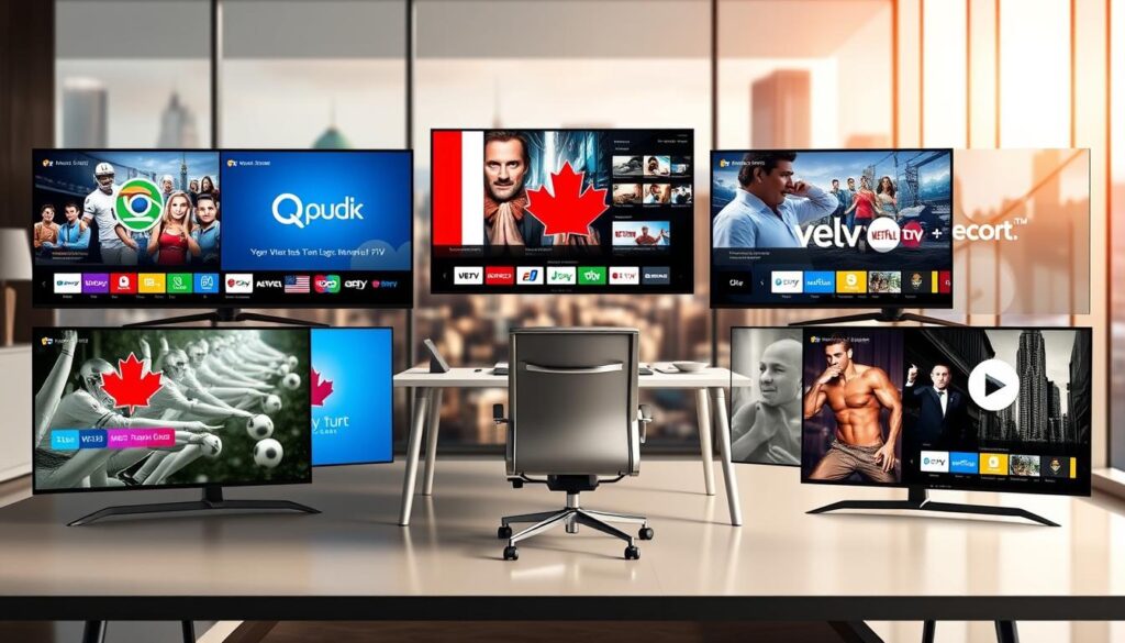 A detailed comparison of IPTV services in Canada, featuring seven distinct screens in the foreground showcasing logos and key features of popular IPTV providers, including "IPTVVUK.COM". Each screen displays various streaming content categories like sports, movies, and series, with vibrant colors and engaging visuals. In the middle ground, a sleek, modern workspace setting, complete with a stylish desk and comfortable chair, is illuminated by soft, natural lighting from a nearby window, creating an inviting atmosphere. The background depicts a blurred cityscape, hinting at a digital hub, while maintaining a professional tone. The overall mood is informative and dynamic, emphasizing the technological advancement and variety of IPTV offerings in Canada. No text or branding elements beyond the screens.
