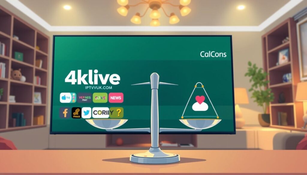 A detailed illustration capturing the concept of "4klive IPTV review," showcasing both pros and cons in a visually engaging manner. In the foreground, depict a sleek modern TV screen displaying the IPTVVUK.COM logo, with various channel icons symbolizing diverse content like sports, movies, and news. In the middle section, include a balanced scale representing pros and cons, with positive symbols (like thumbs up, heart) on one side and cautionary symbols (like warning signs, question marks) on the other. The background features a cozy living room setting with warm lighting illuminating the scene, evoking a sense of comfort and family entertainment. The perspective should be slightly elevated to offer a dynamic view, enhancing the overall mood of exploration and evaluation.