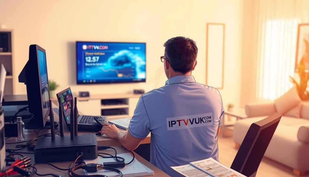 A detailed illustration of IPTV troubleshooting, featuring a professional technician wearing a branded shirt labeled "IPTVVUK.COM" engaged in diagnosing an IPTV issue. In the foreground, the technician is seated at a modern desk cluttered with electronic devices like a router, remote control, and a laptop displaying technical graphs. The middle layer includes a clear, organized layout of cables and a troubleshooting guide. In the background, a bright, airy room with a wall-mounted TV shows a streaming service interface with a frozen image, suggesting an issue. The lighting is warm and focused on the technician, creating a productive atmosphere, with a shallow depth of field to emphasize their actions. The overall mood is one of resolution and expertise, inspiring confidence in solving common IPTV problems.