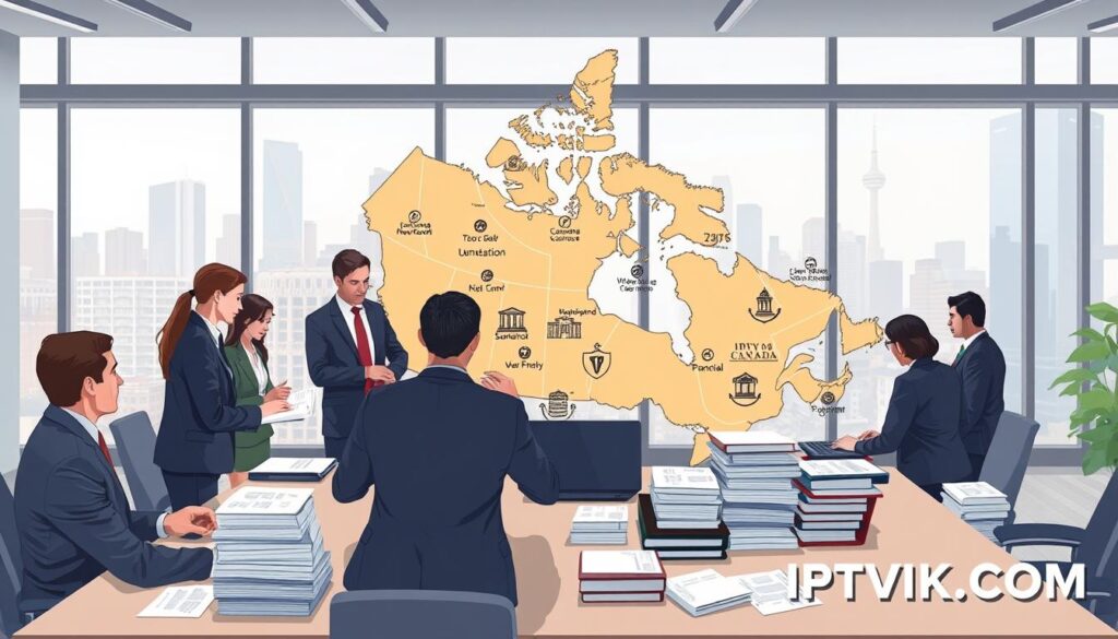 A detailed illustration of the legal landscape of IPTV in Canada. In the foreground, a diverse group of professionals in business attire, including men and women of various ethnicities, are engaged in a discussion around a large table stacked with legal documents and laptops, symbolizing collaboration in the legal sector. The middle ground features a large map of Canada with highlighted regions focused on IPTV regulations, overlaid with icons representing laws and regulations. The background includes a modern office setting with large windows showing a city skyline, bathed in bright, natural daylight. The atmosphere is serious yet collaborative, portraying a sense of professionalism and diligence in understanding the complexities of IPTV legality. Subtle branding for "IPTVVUK.COM" is integrated into the design, ensuring visibility without overpowering the message.
