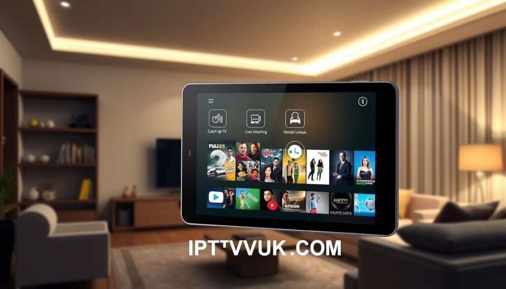 A detailed illustration showcasing various features of an IPTV player specifically designed for Android devices. In the foreground, include a high-tech tablet displaying an interactive IPTV interface with thumbnails of shows, highlighting user-friendly navigation. The middle layer features icons representing key functionalities like "Catch-Up TV," "Live Streaming," "Multiple Screen Support," and "Parental Controls." The background consists of a modern living room setting with a soft, ambient glow from overhead lights, creating a cozy atmosphere. Use a slightly elevated angle to capture the tablet's screen clearly while showing the room's decor. Incorporate the brand name "IPTVVUK.COM" subtly integrated into the design. The overall mood should reflect innovation and convenience, emphasizing ease of use and entertainment.