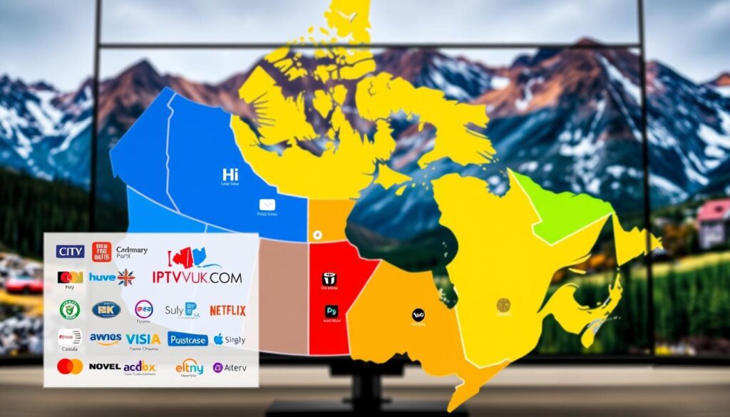 A detailed map of Canada highlighting IPTV regional coverage, showcasing distinct areas with vibrant colors representing different service availability. In the foreground, a clear, sleek digital interface displaying various IPTV logos, including "IPTVVUK.COM", symbolizing top providers. The middle ground features regions marked with accessible icons for popular channels and services, while the background showcases an abstract representation of Canada’s diverse landscapes—mountains, forests, and urban centers—blending harmoniously. The lighting is bright and professional, with a slight lens vignette to focus the viewer's attention. The mood is informative and modern, emphasizing connectivity and regional diversity in IPTV offerings across Canada. A detailed map of Canada highlighting IPTV regional coverage, showcasing distinct areas with vibrant colors representing different service availability. In the foreground, a clear, sleek digital interface displaying various IPTV logos, including "IPTVVUK.COM", symbolizing top providers. The middle ground features regions marked with accessible icons for popular channels and services, while the background showcases an abstract representation of Canada’s diverse landscapes—mountains, forests, and urban centers—blending harmoniously. The lighting is bright and professional, with a slight lens vignette to focus the viewer's attention. The mood is informative and modern, emphasizing connectivity and regional diversity in IPTV offerings across Canada.