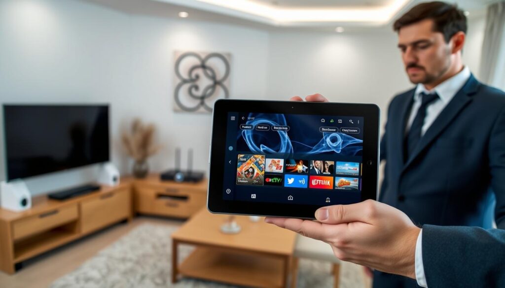 A detailed setup of IPTV installation on an Android device, showcasing a sleek Android tablet displaying the IPTVVUK.COM interface. In the foreground, focus on the tablet held by a professional individual in smart casual attire, demonstrating the installation process. The screen shows vibrant IPTV channel icons and a navigation menu. In the middle ground, a cozy living room setting features a modern entertainment unit with a smart TV, remote control, and a Wi-Fi router. Soft overhead lighting creates a warm atmosphere. In the background, a simple decorative wall with a minimalistic art piece adds depth to the scene. Capture this from a slightly elevated angle to emphasize the interaction between the user and the device, ensuring a professional and engaging mood.
