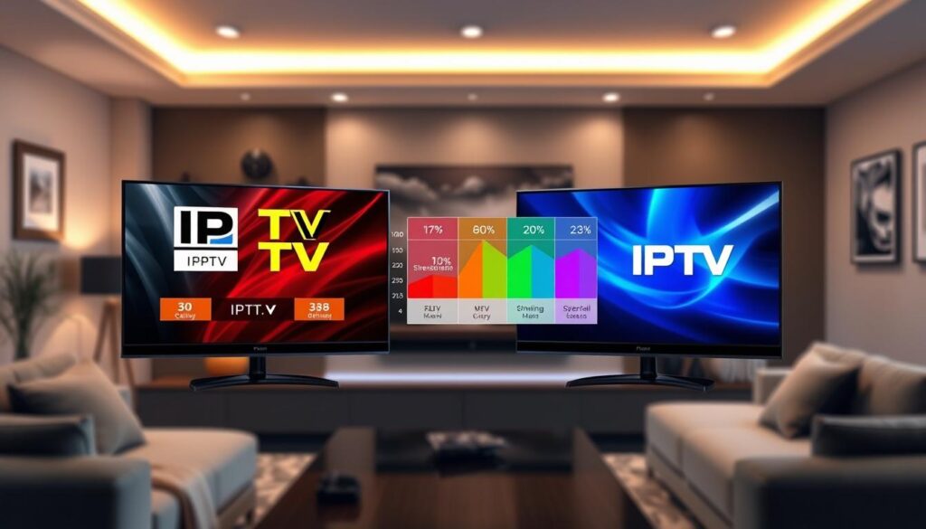 A digital collage illustrating IPTV streaming quality comparison, set against the backdrop of a modern living room. In the foreground, two high-definition televisions display different IPTV service logos, emphasizing various qualities like clarity, buffering, and speed. The middle layer features a chart with visual data points comparing streaming metrics, with vibrant colors highlighting performance differences. The background includes soft, ambient lighting with hints of a cozy atmosphere, such as a stylish sofa and a few sports memorabilia items. Use a wide-angle lens effect to create depth, ensuring the scene conveys a professional and informative mood. Include the brand name "IPTVVUK.COM" subtly in the artwork, without any text overlays.