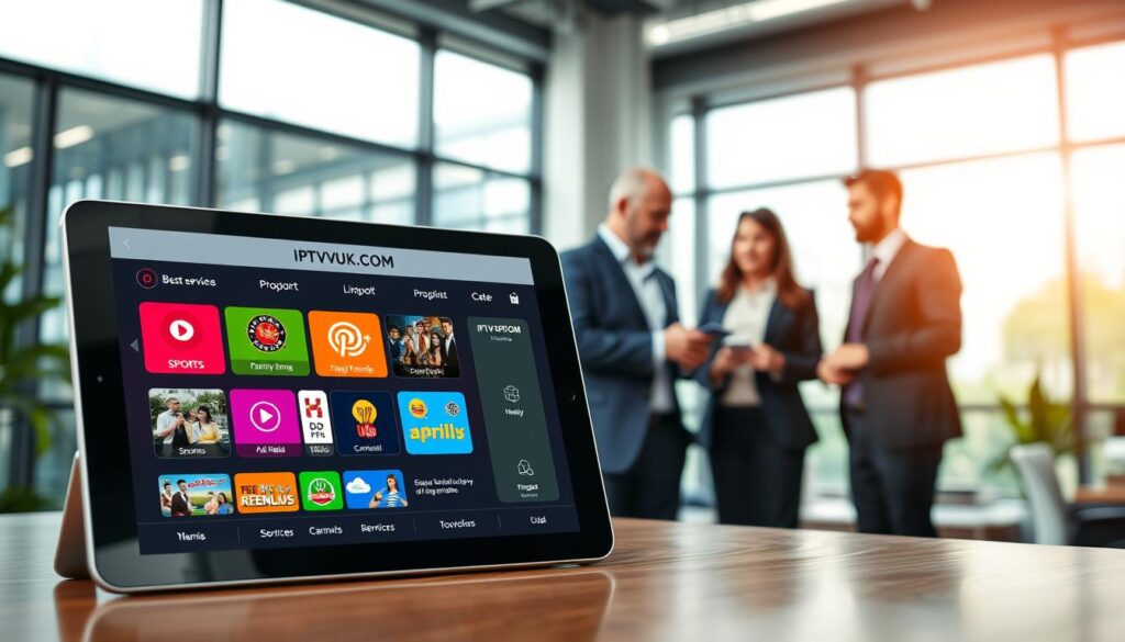 A digital comparison chart of IPTV services, emphasizing the best options for specific needs. In the foreground, display a sleek tablet showing a colorful interface of IPTVVUK.COM with vibrant icons representing different categories — sports, movies, family-friendly content, and international channels. In the middle ground, feature a diverse group of professionals, dressed in business attire, engaged in a discussion around the tablet. They should appear focused and analytical. The background should depict a modern office setting with large windows, natural light streaming through, creating an inviting atmosphere. Use a shallow depth of field to highlight the tablet while softly blurring the office environment. The overall mood should convey professionalism, clarity, and accessibility.