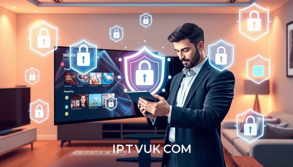 A digital illustration showcasing the security features of IPTV services, specifically emphasizing "IPTVVUK.COM". In the foreground, a modern computer screen displays a secure IPTV interface with vibrant graphics representing streaming options and padlock icons symbolizing security. In the middle, a professional in business attire is analyzing security data on a tablet, surrounded by holographic security symbols such as firewalls and encryption shields. The background features a sleek home entertainment setup with a cozy ambiance, softly illuminated by warm lighting that creates a trustworthy atmosphere. The angle is slightly angled from above, providing a comprehensive view of the tech elements while maintaining focus on the human interaction with the technology. The entire composition conveys a sense of reliability and cutting-edge technology in IPTV security.