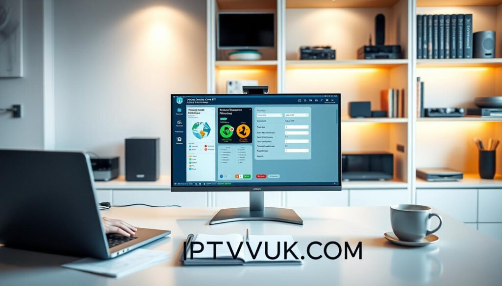 A digital workspace scene focused on "Xtream Codes API Configuration" for IPTV, featuring a sleek, modern desk with a high-resolution monitor displaying a user-friendly configuration interface. In the foreground, a laptop is positioned next to scattered notes and a coffee cup, conveying a sense of hands-on work. The middle section showcases a detailed view of the screen, filled with colorful diagrams and data entry fields. The background includes soft-focus shelves filled with technology books and streaming devices, enhancing the tech-savvy atmosphere. The lighting is bright and inviting, suggesting a productive environment. Capture the professional essence with a clear angle from an upper perspective, emphasizing clarity and engagement. The brand name "IPTVVUK.COM" subtly integrated into the design, ensuring a cohesive look.