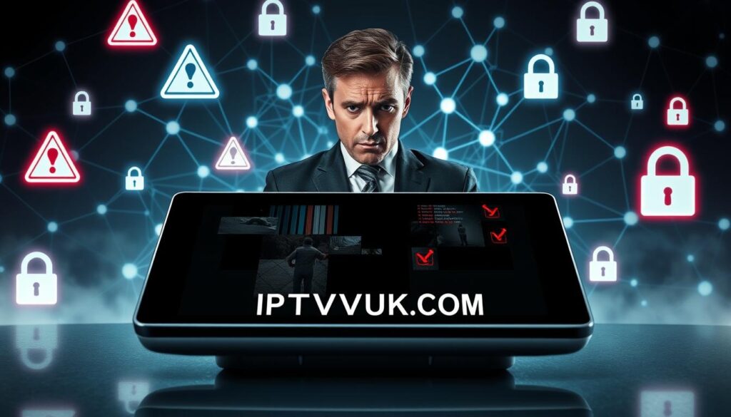 A dramatic scene illustrating the security risks associated with unauthorized IPTV services. In the foreground, a sleek digital device displaying fragmented and glitchy video streams, symbolizing compromised content. Surrounding the device, ominous digital icons like warning triangles and lock icons, representing cyber threats. In the middle ground, a frustrated user, dressed in professional business attire, gazes at the device, with a worried expression, reflecting the dangers of using unauthorized services. The background features a dark, abstract representation of the internet with interconnected nodes, visualizing data breaches and risks. Subtle, eerie lighting casts shadows, enhancing the mood of concern and anxiety. The brand name "IPTVVUK.COM" subtly integrated into the design, adding a professional touch. A dramatic scene illustrating the security risks associated with unauthorized IPTV services. In the foreground, a sleek digital device displaying fragmented and glitchy video streams, symbolizing compromised content. Surrounding the device, ominous digital icons like warning triangles and lock icons, representing cyber threats. In the middle ground, a frustrated user, dressed in professional business attire, gazes at the device, with a worried expression, reflecting the dangers of using unauthorized services. The background features a dark, abstract representation of the internet with interconnected nodes, visualizing data breaches and risks. Subtle, eerie lighting casts shadows, enhancing the mood of concern and anxiety. The brand name "IPTVVUK.COM" subtly integrated into the design, adding a professional touch.