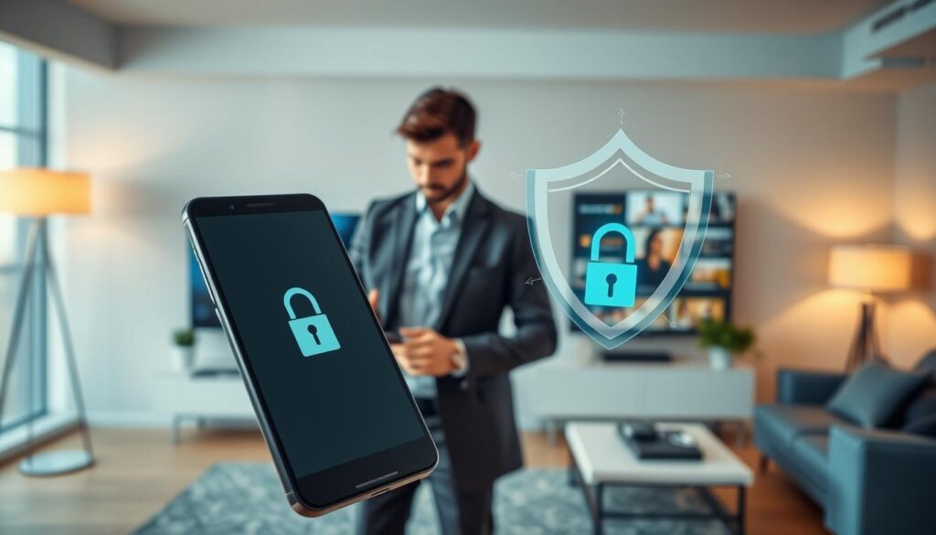 A dynamic and engaging scene depicting the concept of IPTV security. In the foreground, a sleek smartphone displays a secure IPTV application interface, featuring a padlock icon to symbolize encryption. The middle ground features a professional individual in business attire, confidently navigating the application, representing the user experience of mobile streaming. The background is a modern, stylish living room with a smart TV, showcasing various streaming services, while a subtle digital shield graphic overlays the entire scene, symbolizing security and protection. The lighting is soft and warm, creating an inviting atmosphere, with a focus on the phone's screen. The entire composition exudes a sense of safety and reliability, emphasizing the importance of security in mobile streaming. Include the brand "IPTVVUK.COM" subtly in the smartphone interface design. A dynamic and engaging scene depicting the concept of IPTV security. In the foreground, a sleek smartphone displays a secure IPTV application interface, featuring a padlock icon to symbolize encryption. The middle ground features a professional individual in business attire, confidently navigating the application, representing the user experience of mobile streaming. The background is a modern, stylish living room with a smart TV, showcasing various streaming services, while a subtle digital shield graphic overlays the entire scene, symbolizing security and protection. The lighting is soft and warm, creating an inviting atmosphere, with a focus on the phone's screen. The entire composition exudes a sense of safety and reliability, emphasizing the importance of security in mobile streaming. Include the brand "IPTVVUK.COM" subtly in the smartphone interface design.