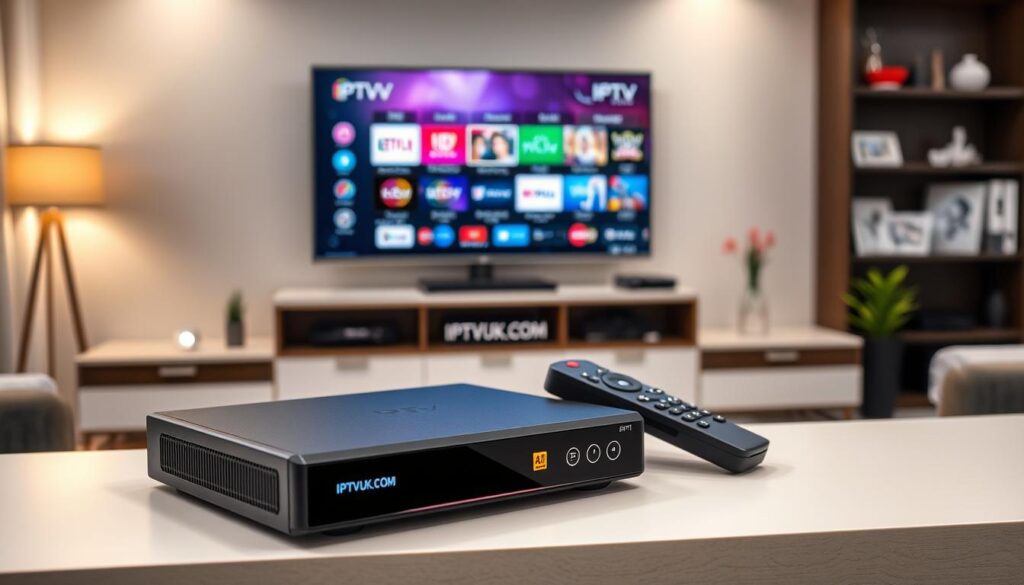 A dynamic and modern living room setting serves as the backdrop, showcasing a variety of IPTV streaming devices neatly arranged on a stylish shelf. In the foreground, a sleek black set-top box with a glowing LED display and a remote control lies prominently, surrounded by colorful streaming service logos. The middle layer features a flat-screen TV displaying a vibrant interface with various channels and programs visible, hinting at high-quality streaming. In the background, soft ambient lighting creates a cozy atmosphere, enhancing the feeling of relaxation and entertainment. The image captures a professional yet inviting mood, emphasizing the idea of maximizing your IPTV experience. Subtly include the brand name "IPTVVUK.COM" on one of the devices. Focus on clarity and visual appeal. A dynamic and modern living room setting serves as the backdrop, showcasing a variety of IPTV streaming devices neatly arranged on a stylish shelf. In the foreground, a sleek black set-top box with a glowing LED display and a remote control lies prominently, surrounded by colorful streaming service logos. The middle layer features a flat-screen TV displaying a vibrant interface with various channels and programs visible, hinting at high-quality streaming. In the background, soft ambient lighting creates a cozy atmosphere, enhancing the feeling of relaxation and entertainment. The image captures a professional yet inviting mood, emphasizing the idea of maximizing your IPTV experience. Subtly include the brand name "IPTVVUK.COM" on one of the devices. Focus on clarity and visual appeal.