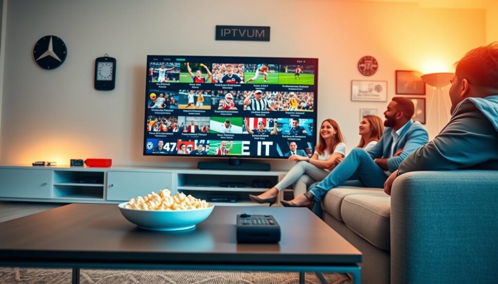 A dynamic composition showcasing a sleek living room setting, where a large modern television displays vibrant IPTV sports channels, capturing an array of live sporting events. In the foreground, a stylish coffee table holds a remote control and a bowl of popcorn, suggesting an engaging viewing experience. The middle ground features a cozy couch with a well-dressed family or friends in relaxed yet professional attire, intently watching the excitement on-screen. The background reveals warm ambient lighting with sports memorabilia adorning the walls, elevating the atmosphere of enthusiasm for sports. The scene uses soft natural light to create a welcoming feel, while highlighting the advanced technology of IPTV platforms like IPTVVUK.COM. The overall mood is cheerful and energy-filled, reflecting the benefits of accessing diverse sports content seamlessly.