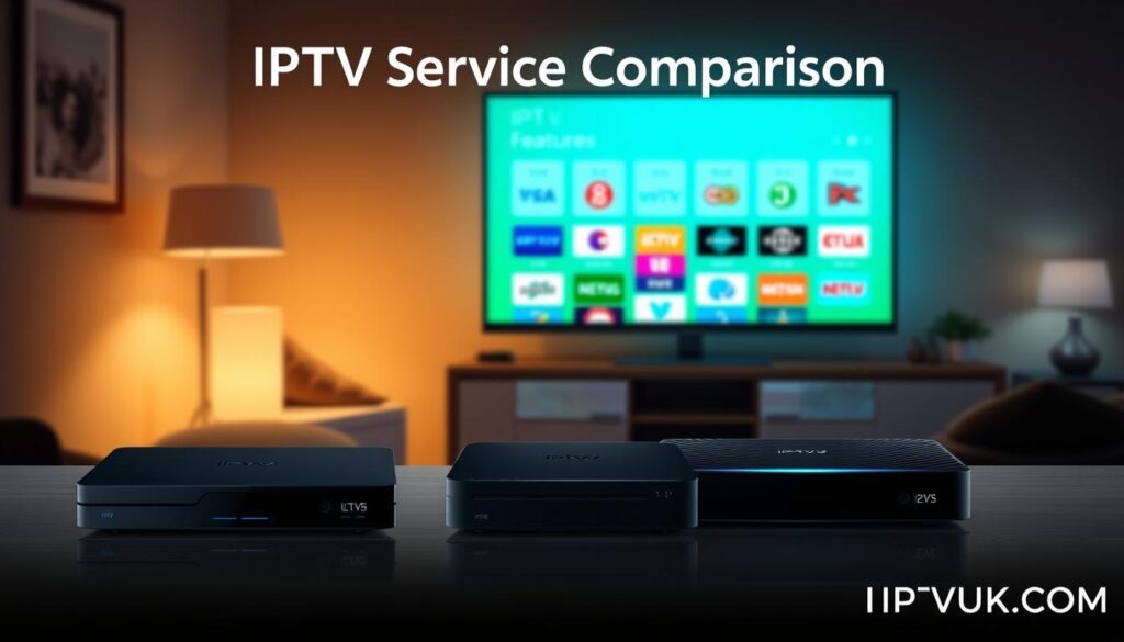 A dynamic infographic illustrating an "IPTV Service Comparison." In the foreground, feature three sleek, modern IPTV device models, each representing different service features. In the middle ground, display various channel logos, organized neatly in blocks, showcasing diversity in content categories like entertainment, sports, and news. In the background, a warm, engaging living room environment with a television displaying a vibrant, generic IPTV interface, suggesting an inviting atmosphere for media consumption. Soft, ambient lighting enhances the feeling of comfort. The setting should feel professional and informative, with no people depicted. Include the brand name "IPTVVUK.COM" subtly integrated into the design. Overall, the image should convey clarity and ease of comparison, appealing to viewers looking to choose the right IPTV service. A dynamic infographic illustrating an "IPTV Service Comparison." In the foreground, feature three sleek, modern IPTV device models, each representing different service features. In the middle ground, display various channel logos, organized neatly in blocks, showcasing diversity in content categories like entertainment, sports, and news. In the background, a warm, engaging living room environment with a television displaying a vibrant, generic IPTV interface, suggesting an inviting atmosphere for media consumption. Soft, ambient lighting enhances the feeling of comfort. The setting should feel professional and informative, with no people depicted. Include the brand name "IPTVVUK.COM" subtly integrated into the design. Overall, the image should convey clarity and ease of comparison, appealing to viewers looking to choose the right IPTV service.