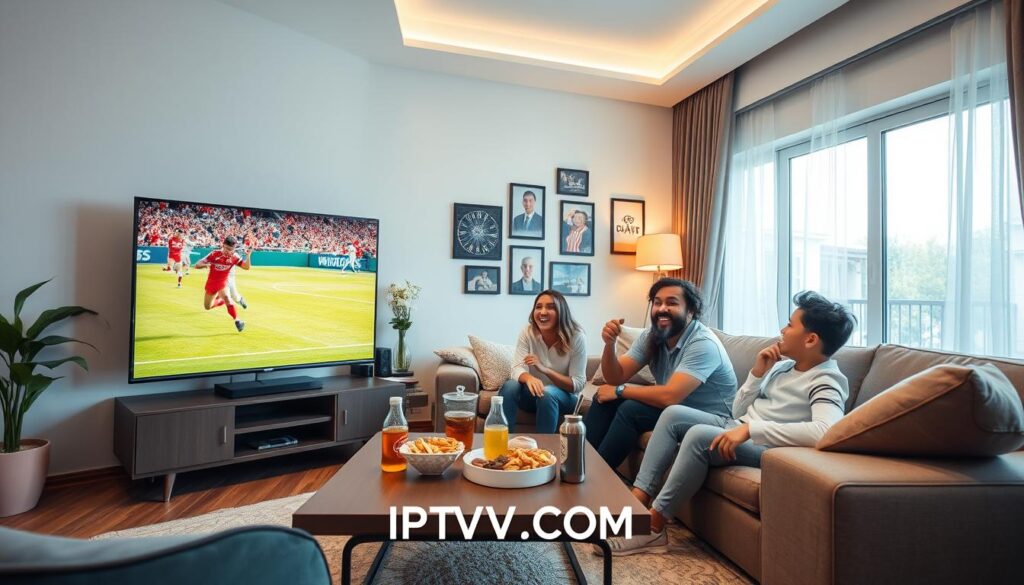 A dynamic living room scene showcasing the excitement of watching live sports through IPTV. In the foreground, a modern flat-screen TV displays a vibrant sports match, with vivid colors highlighting players in action. A family of four, dressed in casual but neat attire, is seated on a comfortable sofa, their expressions filled with enthusiasm and engagement. In the middle ground, a stylish coffee table holds sports snacks and drinks, enhancing the atmosphere of a game day experience. The background features a well-decorated room with sports memorabilia and a large window allowing natural light to flood in, creating a warm and inviting ambiance. The overall mood is lively and energetic, capturing the thrill of sports viewing via IPTV. Include branding elements from "IPTVVUK.COM" subtly integrated into the room decor.