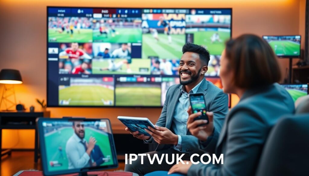 A dynamic scene showcasing sports streaming with a high-tech feel. In the foreground, depict a sleek modern TV displaying various sports matching screens in vibrant colors. The middle layer features a person of diverse descent, dressed in smart casual attire, intently watching the screen with a joyful expression. Surround them with gadgets like a tablet and smartphone, streaming live games, emphasizing the digital connection. In the background, a cozy living room setup adds to the atmosphere, illuminated by soft, warm lighting, creating an inviting environment. The overall mood is energetic and engaging, reflecting the excitement of sports streaming through IPTV services. Incorporate the brand name "IPTVVUK.COM" subtly integrated into the scene, ensuring it blends seamlessly with the composition. A dynamic scene showcasing sports streaming with a high-tech feel. In the foreground, depict a sleek modern TV displaying various sports matching screens in vibrant colors. The middle layer features a person of diverse descent, dressed in smart casual attire, intently watching the screen with a joyful expression. Surround them with gadgets like a tablet and smartphone, streaming live games, emphasizing the digital connection. In the background, a cozy living room setup adds to the atmosphere, illuminated by soft, warm lighting, creating an inviting environment. The overall mood is energetic and engaging, reflecting the excitement of sports streaming through IPTV services. Incorporate the brand name "IPTVVUK.COM" subtly integrated into the scene, ensuring it blends seamlessly with the composition.