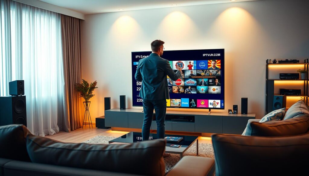 A dynamic scene showcasing the power of IPTV extreme performance, featuring a sleek, modern living room in the foreground with a high-definition smart TV displaying a vibrant streaming interface. In the middle, a tech-savvy user, dressed in business casual attire, interacts with the TV using a remote, illustrating engagement with seamless streaming. In the background, a stylish shelf filled with advanced tech gadgets and high-quality speakers enhances the modern ambiance. Soft, warm lighting illuminates the space, casting a comfortable glow. The angle focuses on the interaction, highlighting the smoothness of the content playback. The atmosphere is one of excitement and efficiency, emphasizing top-notch entertainment technology. Include a subtle logo of “IPTVVUK.COM” on the TV screen to reinforce brand identity without overwhelming the visual.
