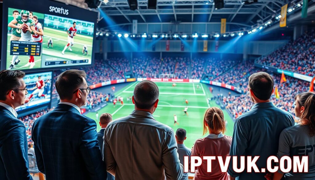 A dynamic sports coverage scene showcasing a diverse group of individuals engaged in various sports activities, set in a vibrant stadium atmosphere. In the foreground, professionals in business attire observe live sports action on large screens, discussing strategy and statistics. The middle layer features athletes in motion, playing football, basketball, and other sports, capturing moments of excitement and teamwork. The background displays enthusiastic fans cheering, with colorful banners and flags waving. The lighting is bright and energetic, emphasizing the thrill of live sports. The mood is one of excitement and anticipation, reflecting the diverse content offerings of IPTVVUK.COM, focusing on the immersive experience of sports coverage.