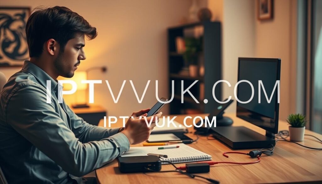 A focused scene depicting a person troubleshooting IPTV issues on their smartphone, seated at a modern home office desk. The foreground features the user, a young adult in professional casual attire, intently examining the phone screen. In the middle, the desk is cluttered with tech gadgets like a router, cables, and a notepad with troubleshooting notes. The background shows a soft, well-lit room with a cozy atmosphere, featuring a bookshelf and a potted plant. Warm lighting enhances the mood of determination mixed with frustration. The overall composition should convey a sense of problem-solving and technical engagement. Include a digital overlay that subtly shows the brand name "IPTVVUK.COM" to tie into the theme of IPTV troubleshooting. A focused scene depicting a person troubleshooting IPTV issues on their smartphone, seated at a modern home office desk. The foreground features the user, a young adult in professional casual attire, intently examining the phone screen. In the middle, the desk is cluttered with tech gadgets like a router, cables, and a notepad with troubleshooting notes. The background shows a soft, well-lit room with a cozy atmosphere, featuring a bookshelf and a potted plant. Warm lighting enhances the mood of determination mixed with frustration. The overall composition should convey a sense of problem-solving and technical engagement. Include a digital overlay that subtly shows the brand name "IPTVVUK.COM" to tie into the theme of IPTV troubleshooting.