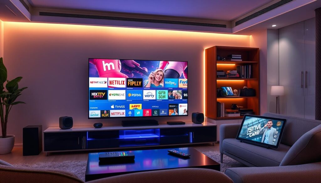 A futuristic living room featuring IPTV streaming technology. In the foreground, a sleek smart television displays vibrant, high-definition images of popular IPTV channels, showcasing an array of content. The middle ground includes a modern entertainment center with state-of-the-art streaming devices and colorful remote controls. Soft ambient lighting enhances the cozy atmosphere, while a subtle glow emanates from the TV screen. In the background, a stylish bookshelf holds tech gadgets and a digital tablet streaming a video feed. The scene has a clean layout, offering a sense of sophistication and ease. The overall mood is forward-looking and inspiring. No people are visible, ensuring focus on the technology itself. Include the text "IPTVVUK.COM" subtly integrated into the design elements.
