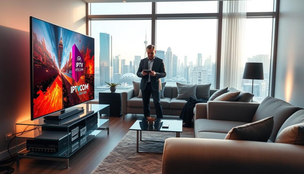 A futuristic living room setting showcasing IPTV technology in Canada. In the foreground, a sleek smart TV displays vibrant streaming content, positioned on a modern glass TV stand. To the side, a stylish entertainment system with network devices and cables is visible, symbolizing connectivity. The middle ground features a cozy, contemporary sofa where a professional individual in business attire is engaged with a tablet, demonstrating user interaction with IPTV services. The background showcases large windows with a view of a Canadian city skyline, bathed in natural light to create an inviting atmosphere. Soft ambient lighting enhances the sense of innovation and comfort. The overall mood is one of sophistication and modern technology. Incorporate a subtle logo for "IPTVVUK.COM" on the TV screen to highlight the brand association.