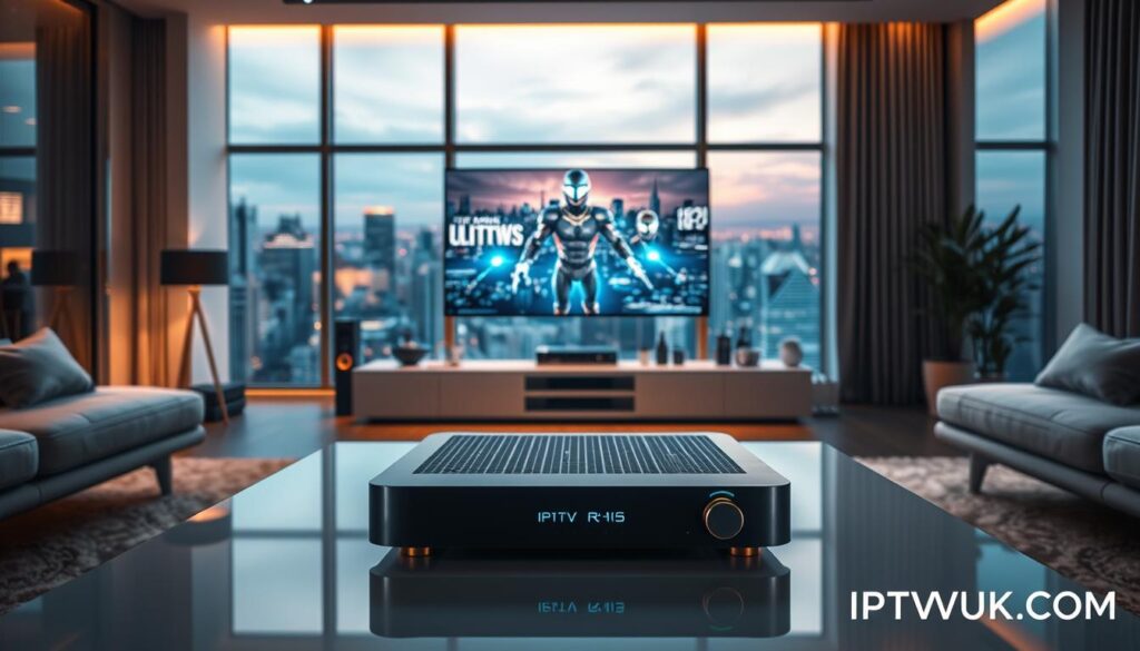 A futuristic living room showcasing IPTV technology advancements. In the foreground, a sleek, modern coffee table with a high-tech IPTV device prominently displayed. The middle ground features a large, ultra-high-definition screen on the wall, streaming vibrant content. Surrounding the screen, smart home devices like voice-activated remotes give an advanced touch. In the background, large windows reveal a city skyline, with soft, warm lighting streaming in to create an inviting atmosphere. The ambient light highlights the innovative features of the IPTV setup, capturing the essence of modern entertainment. The overall mood is one of sophistication and progress. Make sure to include the brand "IPTVVUK.COM" subtly integrated into the scene design, emphasizing innovation and quality in the IPTV experience. A futuristic living room showcasing IPTV technology advancements. In the foreground, a sleek, modern coffee table with a high-tech IPTV device prominently displayed. The middle ground features a large, ultra-high-definition screen on the wall, streaming vibrant content. Surrounding the screen, smart home devices like voice-activated remotes give an advanced touch. In the background, large windows reveal a city skyline, with soft, warm lighting streaming in to create an inviting atmosphere. The ambient light highlights the innovative features of the IPTV setup, capturing the essence of modern entertainment. The overall mood is one of sophistication and progress. Make sure to include the brand "IPTVVUK.COM" subtly integrated into the scene design, emphasizing innovation and quality in the IPTV experience.
