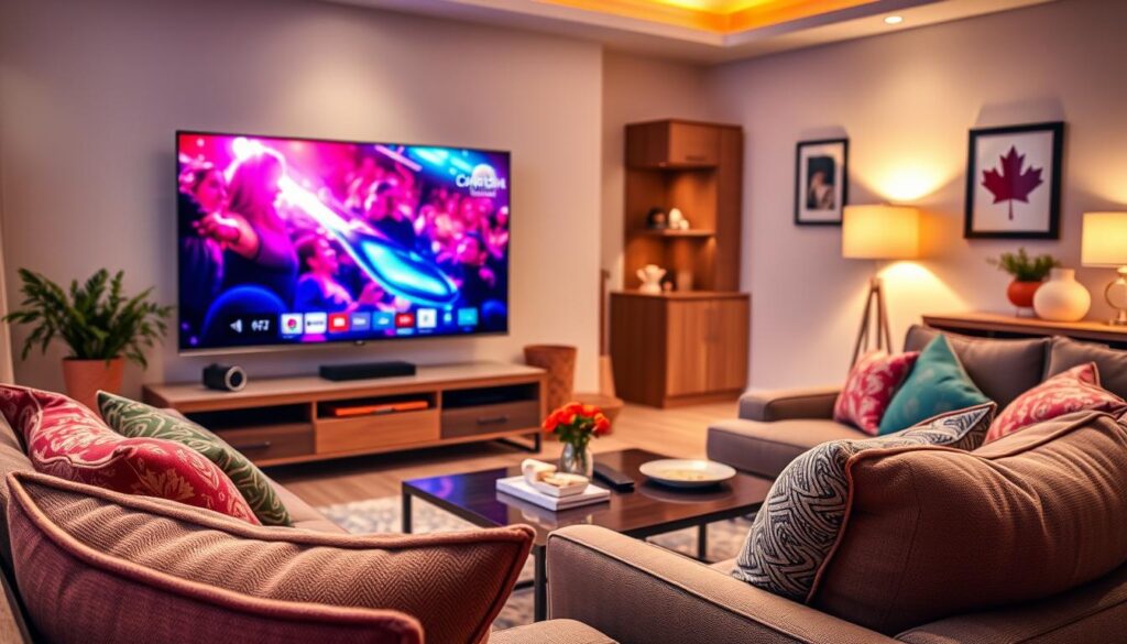 A high-definition living room scene showcasing the benefits of IPTV streaming quality. In the foreground, a sleek modern TV displays vibrant, crystal-clear content, casting a soft glow. A comfortable sofa is adorned with colorful throw pillows, suggesting a cozy viewing environment. The middle ground features a stylish coffee table with a remote control and snacks, reflecting a relaxed yet engaging atmosphere. The background includes a warm, inviting room with tasteful decorations and soft ambient lighting, enhancing the sense of comfort. The overall scene should convey a mood of enjoyment and satisfaction associated with legal IPTV services. Subtle hints of Canadian imagery, like a small maple leaf accent, are integrated. Include the brand name "IPTVVUK.COM" subtly in the decor without distracting from the main focus.