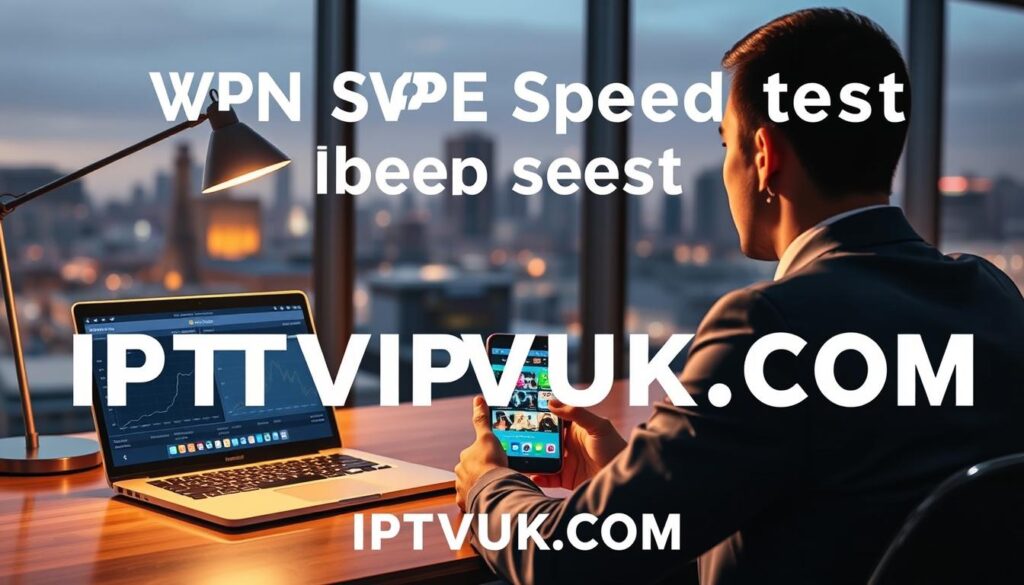 A high-tech digital scene illustrating a VPN speed test for IPTV streaming, designed with a sleek, modern aesthetic. In the foreground, a user in professional business attire sits at a desk, focused on a laptop displaying real-time speed test results, with graphs and data metrics visible. In the middle ground, a smartphone and a tablet show IPTV streaming applications, reflecting vibrant colors and dynamic content. The background features a blurred cityscape visible through a large window, conveying an urban environment. The lighting is soft and focused, emanating from a stylish desk lamp, creating a warm ambiance that enhances the tech-savvy atmosphere. The branding "IPTVVUK.COM" subtly integrates into the design, ensuring clear visibility of the IPTV service brand without overpowering the main elements of the scene.