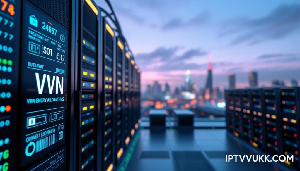 A high-tech illustration of VPN servers, showcasing a network of glowing, interconnected server racks. In the foreground, a close-up of a digital screen displaying statistics and VPN encryption algorithms. The middle ground features rows of servers with vibrant LED lights, arranged in a sleek data center environment. The background displays a futuristic city skyline at dusk, with a light blue and purple color palette reflecting a tech-savvy atmosphere. Soft, ambient lighting enhances the mood, casting gentle glows from the servers. The scene conveys a sense of security and modernity, with the brand name "IPTVVUK.COM" subtly integrated into the design. Capture this image with a wide-angle lens to emphasize depth and detail, while maintaining a clean and professional appearance.