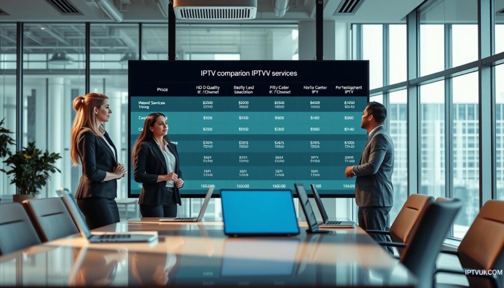 A high-tech office environment showcasing a large digital screen displaying a comparison of various IPTV services, including features like HD quality, channel selection, and pricing. In the foreground, a diverse group of three professionals (two women and one man) dressed in smart business attire, analyzing the information on the screen with engaged expressions. The middle ground features a sleek conference table with laptops and notepads, casting soft reflections under the ambient lighting. The background consists of modern office decor with large windows allowing natural light to flood the space, suggesting a professional and innovative atmosphere. The overall mood is focused and collaborative, emphasizing the importance of informed decision-making in choosing IPTV services. Incorporate the brand name "IPTVVUK.COM" subtly into the digital display within the image.