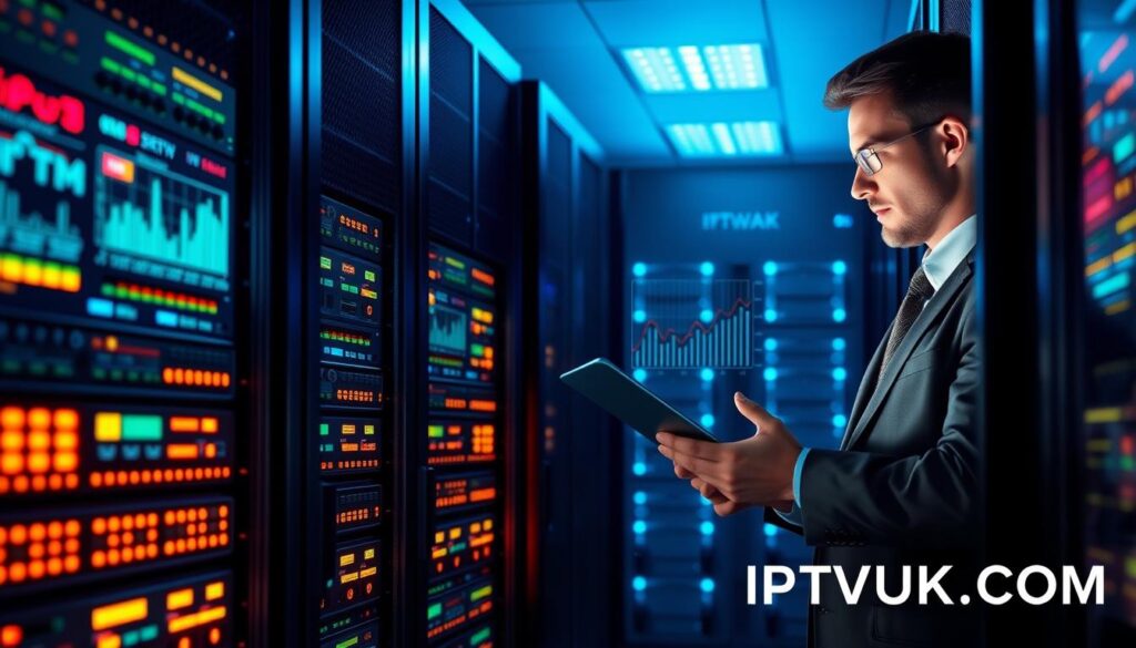 A highly detailed illustration depicting IPTV server performance optimization. In the foreground, a sleek, modern server rack filled with glowing, high-tech devices displaying real-time data metrics. In the middle ground, a professional IT technician, dressed in smart business attire, is analyzing performance graphs on a laptop, engaged in deep concentration. The background features a dimly lit server room with blue LED lights illuminating the servers, enhancing the atmosphere of advanced technology. The scene conveys a sense of precision and expertise in a high-stakes environment. Soft focus on the edges to emphasize the subject's importance. The composition should evoke a mood of innovation and reliability, showcasing the brand "IPTVVUK.COM" subtly within the server environment.