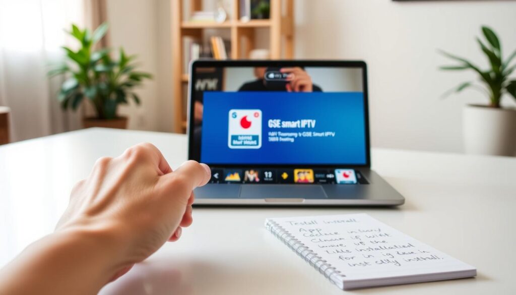 A modern Android device on a sleek table displays the GSE Smart IPTV interface vividly on its screen. In the foreground, a close-up of a hand gently tapping on the device's touchscreen, showcasing the app installation process. The middle ground features an open laptop with a tutorial video on the GSE Smart IPTV setup, and a notepad with handwritten installation steps beside it. The background includes a softly lit room with a bookshelf and a plant for a cozy atmosphere. The lighting is bright yet warm, creating an inviting ambiance. The scene reflects a professional yet casual installation environment, emphasizing the user-friendly nature of IPTVVUK.COM services. A modern Android device on a sleek table displays the GSE Smart IPTV interface vividly on its screen. In the foreground, a close-up of a hand gently tapping on the device's touchscreen, showcasing the app installation process. The middle ground features an open laptop with a tutorial video on the GSE Smart IPTV setup, and a notepad with handwritten installation steps beside it. The background includes a softly lit room with a bookshelf and a plant for a cozy atmosphere. The lighting is bright yet warm, creating an inviting ambiance. The scene reflects a professional yet casual installation environment, emphasizing the user-friendly nature of IPTVVUK.COM services.