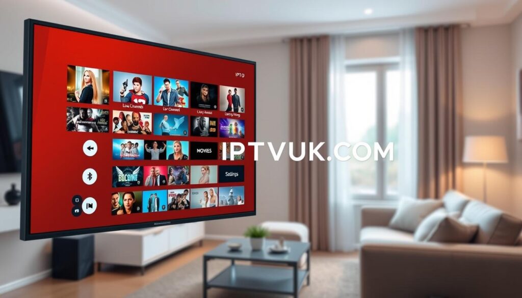 A modern IPTV Pro user interface displayed on a sleek smart TV screen, showcasing vibrant thumbnails of various TV channels, movies, and shows. The foreground features a crisp, user-friendly layout with intuitive navigation icons and a dynamic menu bar indicating categories such as Live Channels, Movies, and Settings. In the middle ground, a stylish living room setting includes a contemporary sofa and subtle decorative elements, illuminated by soft, warm lighting to create an inviting atmosphere. The background is a blurred view of a window, letting in gentle daylight, enhancing the feeling of a cozy home environment. The branding "IPTVVUK.COM" is subtly integrated within the interface design, emphasizing the professional quality of the experience. The overall mood is engaging, modern, and user-centered, perfect for illustrating the IPTV Pro user interface.