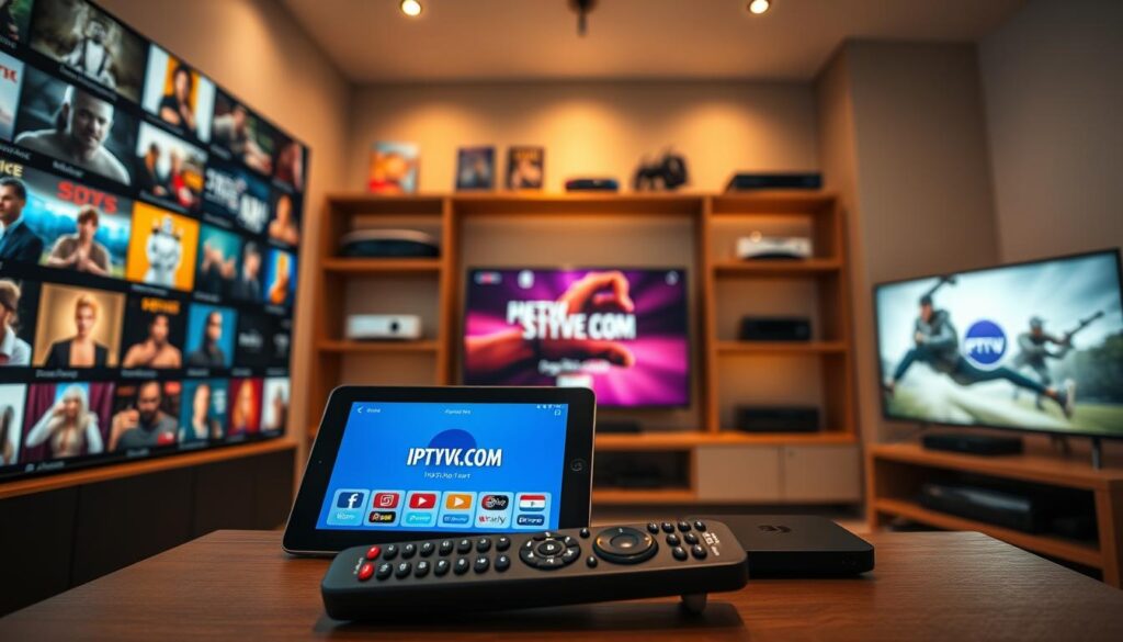 A modern IPTV content library displayed in a sleek, contemporary digital interface. The foreground features vibrant streaming thumbnails showcasing various genres such as movies, series, sports, and documentaries. In the middle ground, a stylish remote control rests beside a tablet displaying the IPTVVUK.COM logo, accentuating user interaction. The background features soft-focus shelves lined with digital devices like smart TVs and streaming boxes, creating a home entertainment environment. The lighting is warm and inviting, with a slight glow emanating from the screen, evoking a cozy atmosphere. Use a wide-angle lens to capture the depth and engage viewers, highlighting the accessibility and variety of IPTV content subscriptions, while keeping the image free of any text or logos beyond IPTVVUK.COM.