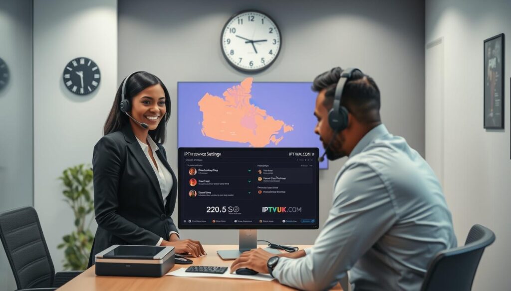 A modern IPTV customer support scene in a sleek office environment. In the foreground, a diverse group of two customer support representatives, one Black woman and one South Asian man, dressed in professional business attire, are engaging with a customer via a headset, embodying friendliness and professionalism. The middle layer includes an organized desk with a computer screen displaying IPTV service settings and technical support tools. A digital map of Ontario highlighting popular streaming options is subtly visible in the background, along with a wall clock showing time in different Canadian provinces. The lighting is bright and welcoming, suggesting a tech-savvy and supportive atmosphere. The overall mood conveys a sense of efficiency and readiness to assist, reflecting the theme of setting up IPTV services. The brand name "IPTVVUK.COM" is visible subtly on the computer screen. A modern IPTV customer support scene in a sleek office environment. In the foreground, a diverse group of two customer support representatives, one Black woman and one South Asian man, dressed in professional business attire, are engaging with a customer via a headset, embodying friendliness and professionalism. The middle layer includes an organized desk with a computer screen displaying IPTV service settings and technical support tools. A digital map of Ontario highlighting popular streaming options is subtly visible in the background, along with a wall clock showing time in different Canadian provinces. The lighting is bright and welcoming, suggesting a tech-savvy and supportive atmosphere. The overall mood conveys a sense of efficiency and readiness to assist, reflecting the theme of setting up IPTV services. The brand name "IPTVVUK.COM" is visible subtly on the computer screen.