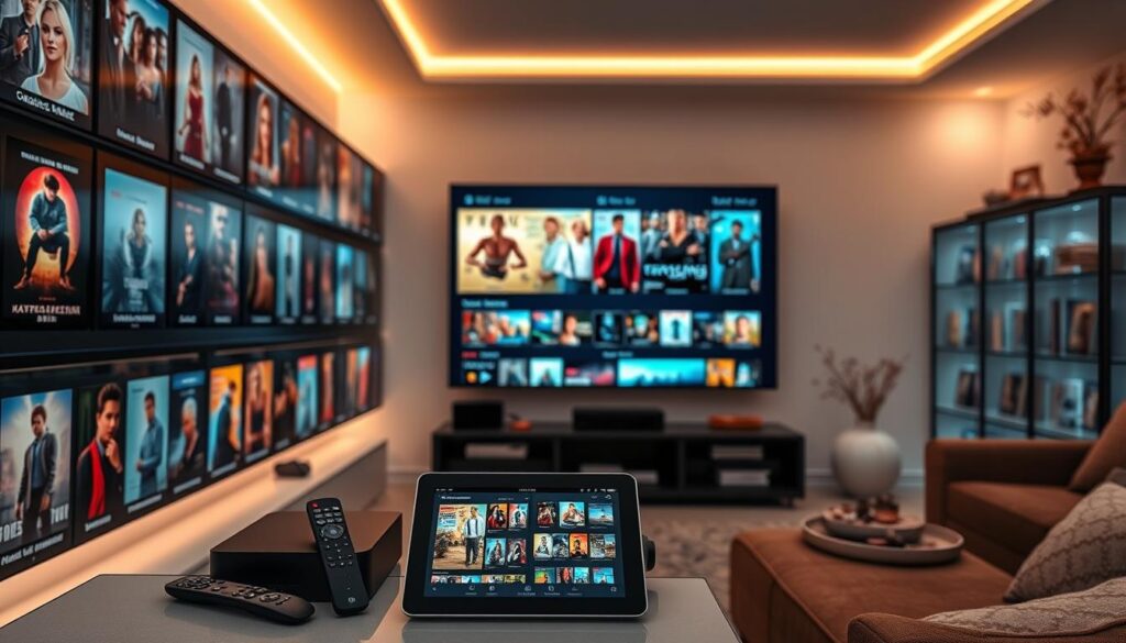 A modern IPTV movies and series library, showcasing sleek digital displays filled with vibrant movie posters and series thumbnails. In the foreground, shelves lined with streaming devices, remote controls, and a tablet showing the IPTVVUK.COM interface. The middle ground features a large, wall-mounted screen displaying a selection of popular titles with engaging visuals. The background includes soft, ambient lighting and subtle hints of a cozy viewing area, complete with plush seating and decorative elements that reflect a contemporary entertainment space. The atmosphere is inviting and energetic, perfect for movie lovers and series enthusiasts. The image captures the essence of accessible streaming entertainment in a visually appealing composition.