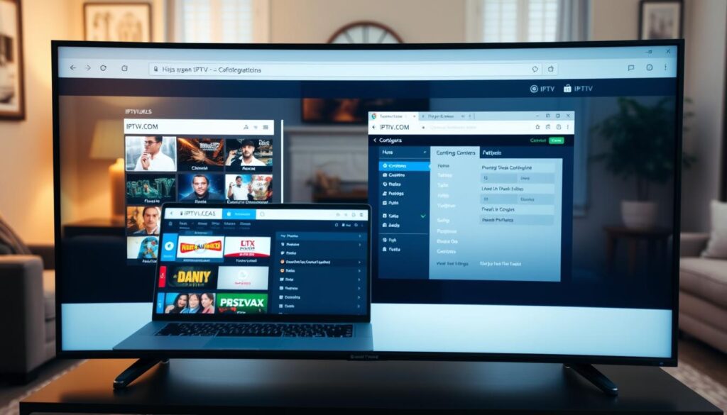 A modern IPTV player configuration setup displayed on a sleek, high-resolution monitor. In the foreground, a well-organized interface shows channel listings and playback options, designed to illustrate user-friendly navigation. In the middle ground, a laptop open with the IPTVVUK.COM website on display, featuring configurations and settings menus. The background includes soft-focus elements of a cozy living room with warm lighting, showcasing a comfortable couch and a stylish coffee table, enhancing a welcoming atmosphere. Use an overhead angle to capture the entire setup, emphasizing clarity and detail. The lighting is bright yet soft, conveying a relaxed, inviting mood. No people are included in the image, allowing focus on the technology and environment. The composition is clean, professional, and aesthetically pleasing, aimed to visually support the theme of setting up an IPTV Android app effectively.