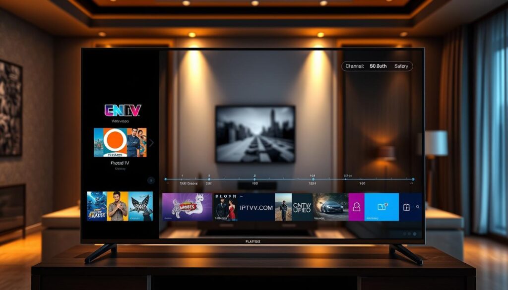 A modern IPTV player interface showcasing a sleek, user-friendly design on a high-resolution screen. In the foreground, vivid display elements such as channel logos, program thumbnails, and a scrolling menu with a visually appealing play button. The middle layer features a multimedia timeline with playback controls and volume settings, designed in a minimalist aesthetic. The background presents an elegant living room setting, softly illuminated by warm ambient lighting, emphasizing a cozy atmosphere for entertainment. The scene captures a tech-savvy vibe, perfect for cord-cutters. Include the brand name "IPTVVUK.COM" subtly incorporated into the design of the interface. Use a slight top-down perspective to highlight the interface's features clearly, ensuring the image is professional and inviting.