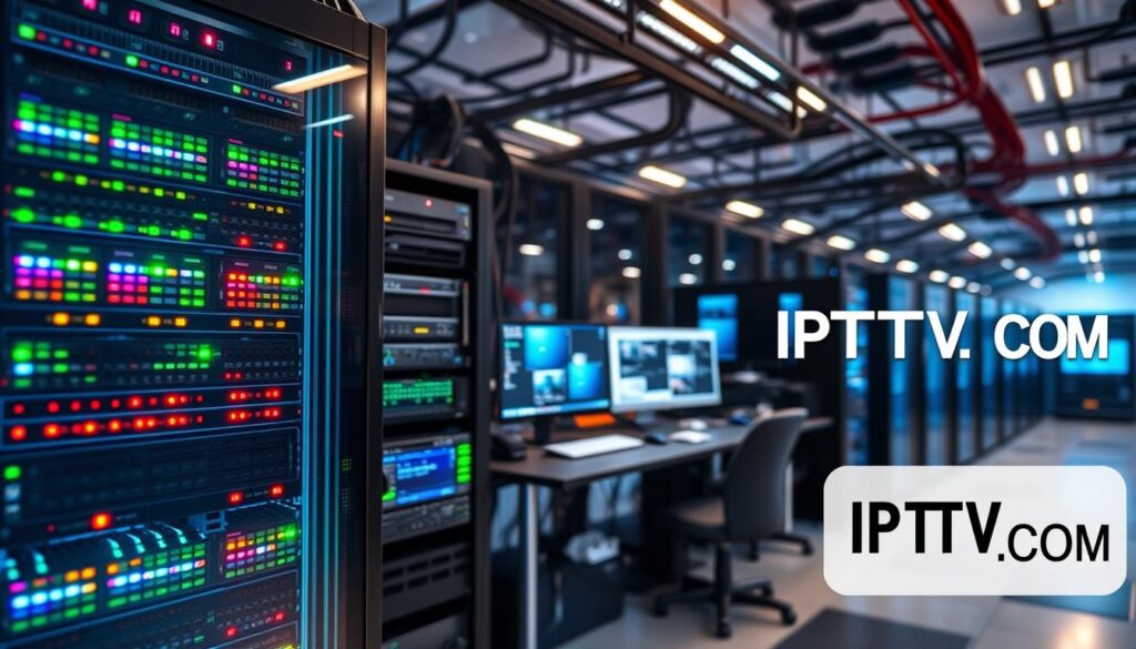 A modern IPTV server infrastructure setup, showcasing a sleek, high-tech server room filled with rows of powerful servers with colorful indicator lights. In the foreground, a translucent server rack displays blinking network activity lights, while the middle layer features computer monitors showing streaming data and user interfaces for IPTV services. The background features a labyrinth of cables and a subtle glow from LED lighting, emphasizing the advanced technology. The scene is illuminated by soft, diffused lighting to create an inviting yet professional atmosphere. The image conveys the theme of efficient streaming and quality service, along with a prominent "IPTVVUK.COM" logo in the corner, ensuring a crisp, high-resolution presentation.