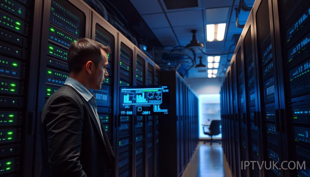 A modern IPTV server room showcasing stability, with sleek racks filled with high-tech servers, glowing LED indicators displaying green lights for operational efficiency. In the foreground, a technician in professional business attire inspects the servers, emphasizing human expertise in maintenance. The middle ground features advanced monitoring screens displaying data metrics and statistics, illustrating performance and reliability. In the background, cool-toned blue lighting enhances a high-tech atmosphere, while a faint ambient glow highlights the organized structure of the server racks. The scene conveys a sense of security and technological prowess, suggesting the reliability of services like IPTVVUK.COM. The image should be shot from a slightly elevated angle to capture depth and complexity, instilling a mood of professionalism and innovation. A modern IPTV server room showcasing stability, with sleek racks filled with high-tech servers, glowing LED indicators displaying green lights for operational efficiency. In the foreground, a technician in professional business attire inspects the servers, emphasizing human expertise in maintenance. The middle ground features advanced monitoring screens displaying data metrics and statistics, illustrating performance and reliability. In the background, cool-toned blue lighting enhances a high-tech atmosphere, while a faint ambient glow highlights the organized structure of the server racks. The scene conveys a sense of security and technological prowess, suggesting the reliability of services like IPTVVUK.COM. The image should be shot from a slightly elevated angle to capture depth and complexity, instilling a mood of professionalism and innovation.