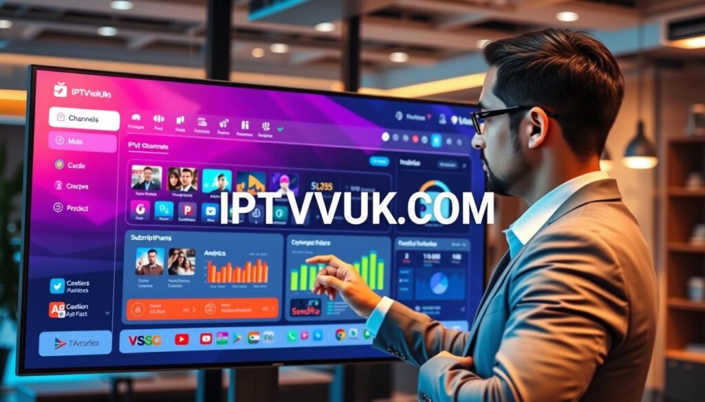 A modern and sleek IPTV reseller panel interface on a digital display. In the foreground, a professional-looking business person in smart attire is interacting with the touchscreen, navigating various sections of the software. The middle layer features the vibrant IPTV panel displaying channels, subscription plans, and analytics highlights, with colorful graphs and icons to illustrate functionality. In the background, a stylish office environment with soft ambient lighting, creating a dynamic atmosphere of innovation and entrepreneurship. The brand name "IPTVVUK.COM" prominently displayed on the screen. The overall mood is professional, focused, and tech-savvy, emphasizing growth and potential in the IPTV reselling business.